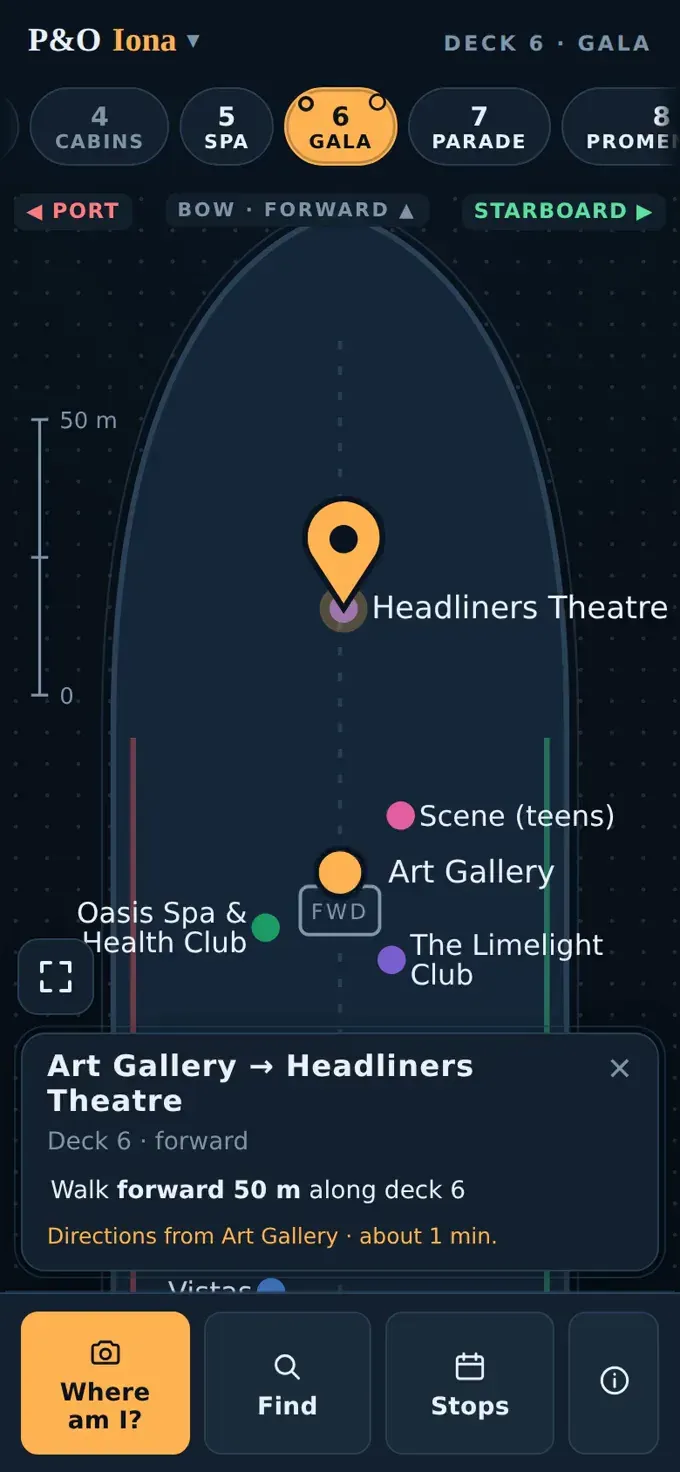 Aboard Map on a phone: Iona’s deck 6, with you-are-here at the Art Gallery, a pin on the Headliners Theatre and the steps to walk there; the map switches to deck 7 and back