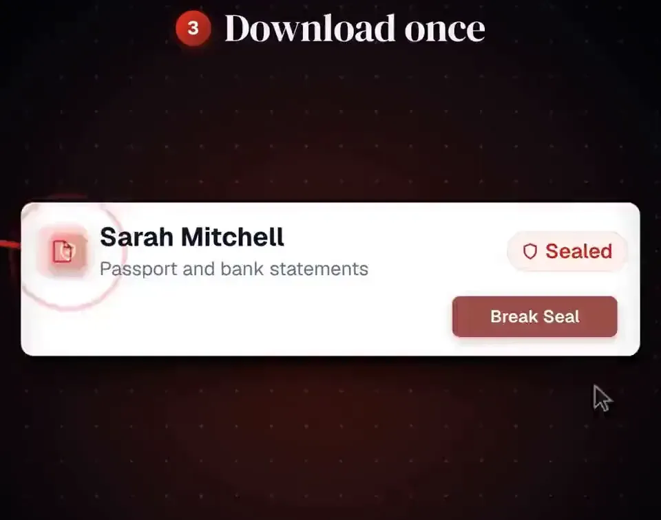 FileSeal’s demo: a client uploads a passport and bank statements on a phone, and the firm downloads them once