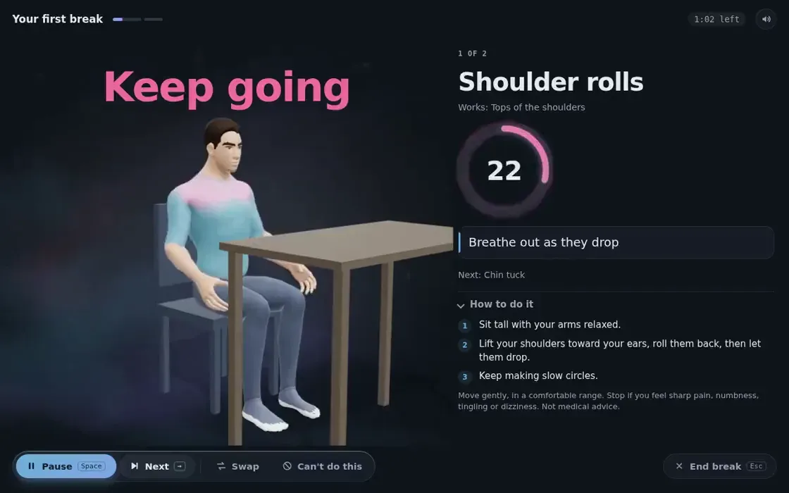 Moveful’s break screen: a 3D guide at a desk doing shoulder rolls beside a countdown